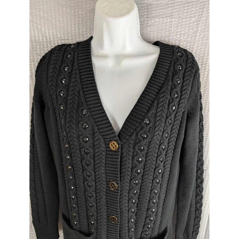 C Wonder Black Cable Knit Studded Cardigan Sweater XXS Gold Buttons Pockets - Picture 4 of 13